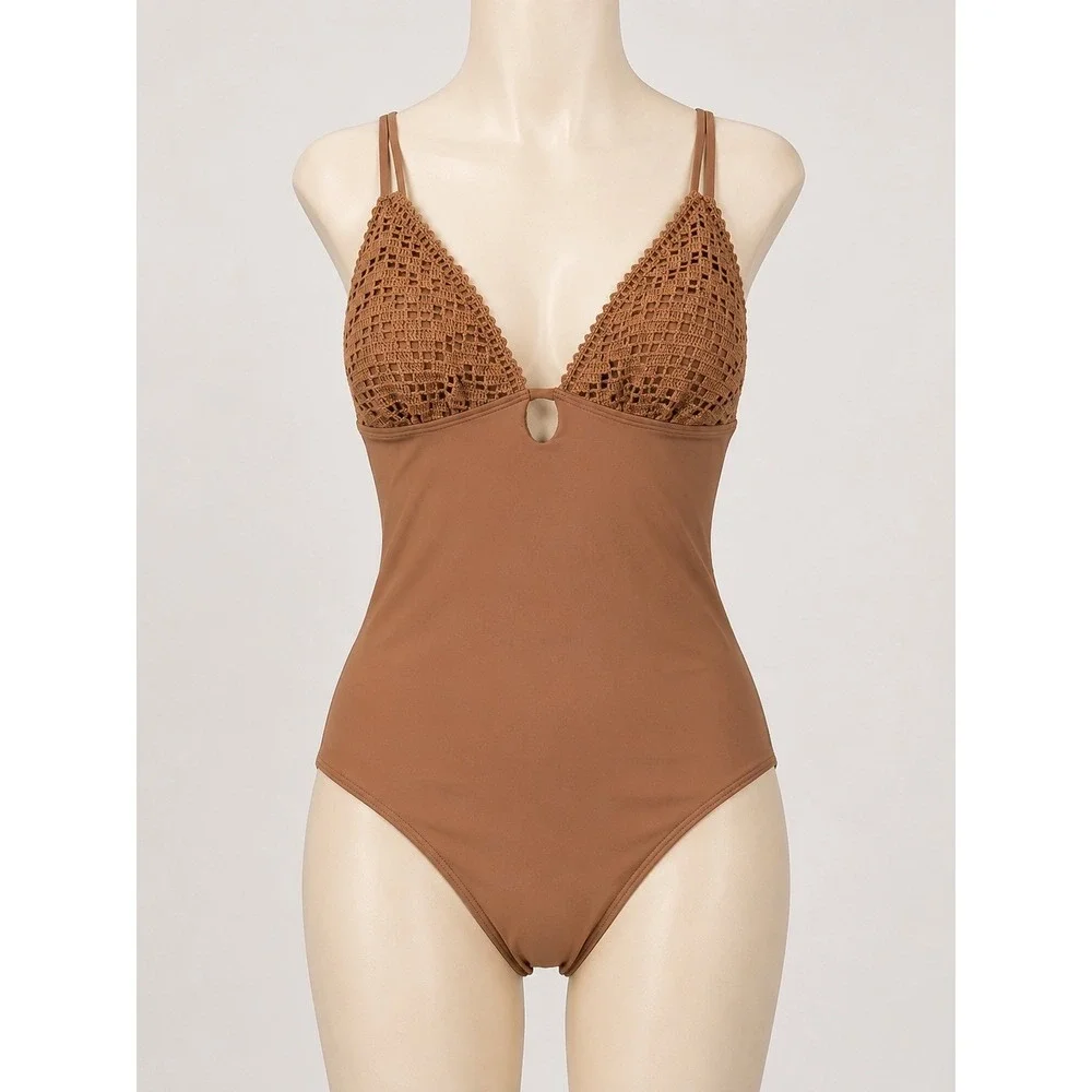 Shade & Shore Women Brown Crochet High Leg Cheeky One Piece Swimsuit Large NEW